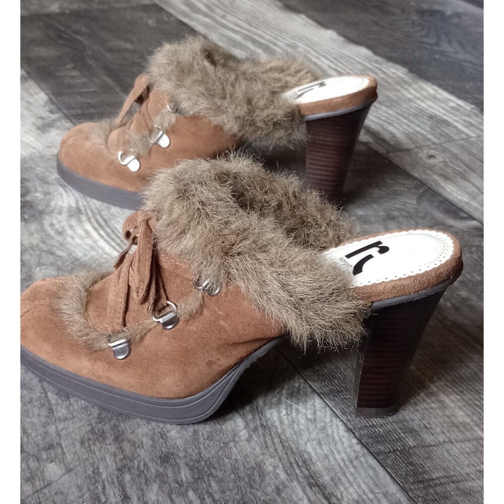 Report Vicci Women's 8 Fur Trim Brown Suede Lace Up Cone Heeled Mules